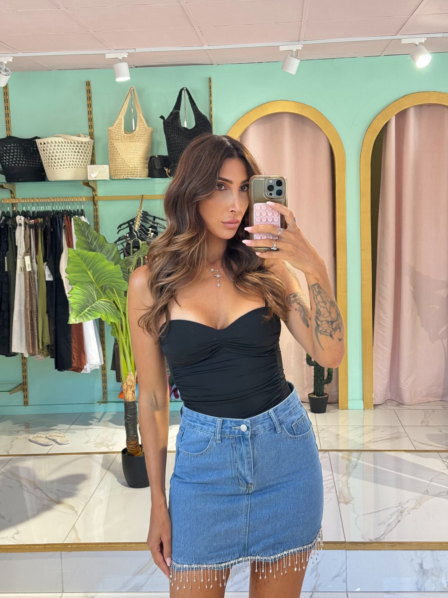 Jupe courte en jean avec strass festival