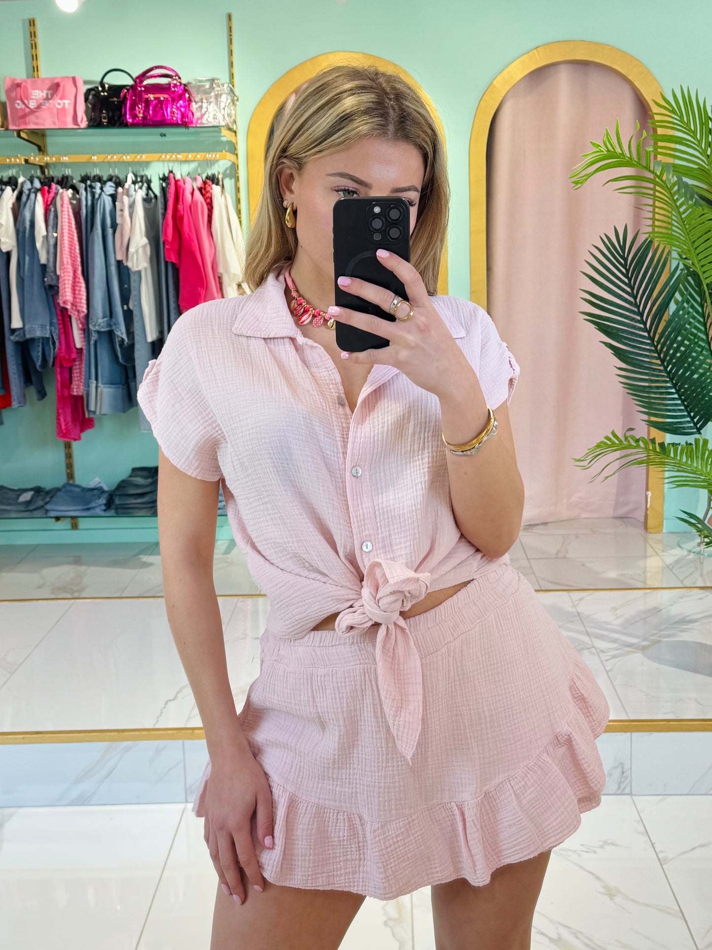 Jupe-short à volants en gaze de coton – rose pastel