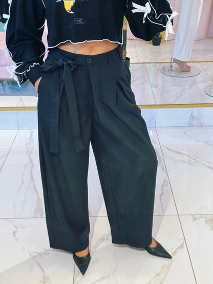 Pantalon Tailleur Wide Leg à Plis – noir