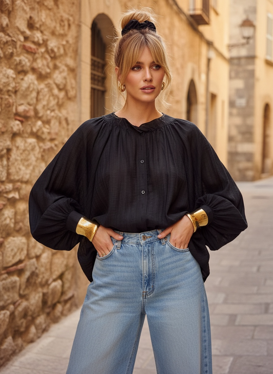 Blouse Loose Manches Bouffantes – Noir