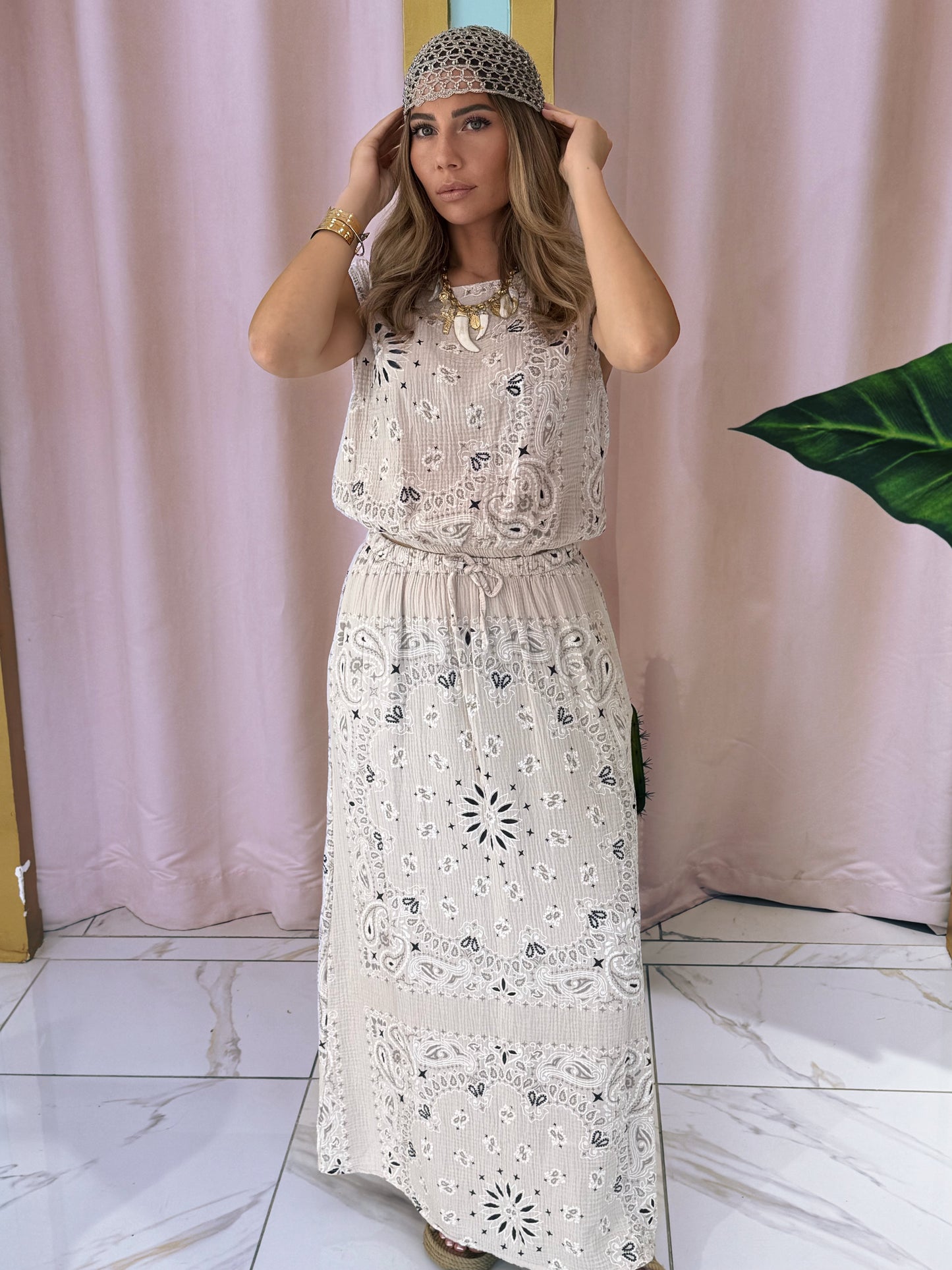 Ensemble top et jupe en gaz de coton à motif bandana- beige