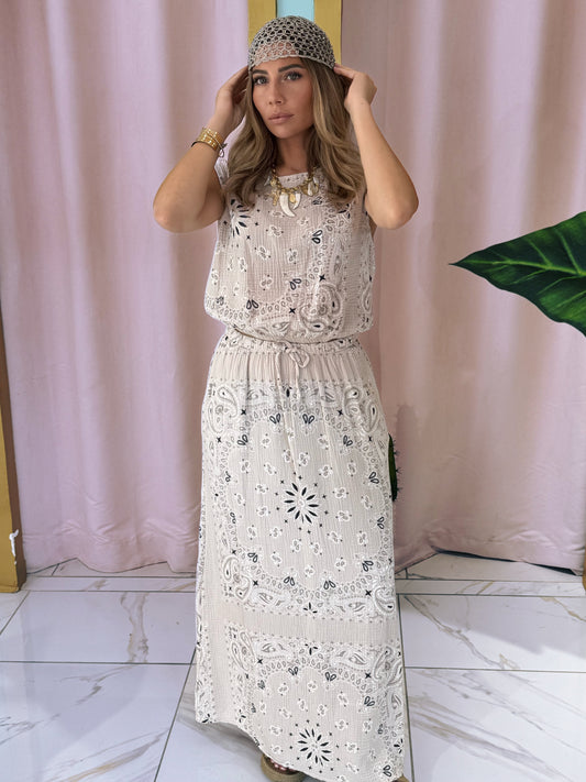 Ensemble top et jupe en gaz de coton à motif bandana- beige
