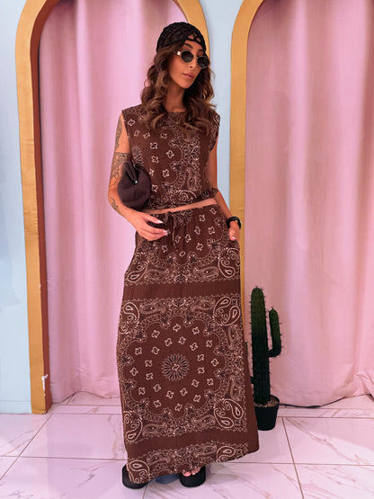 Ensemble top et jupe en gaz de coton à motif bandana- marron