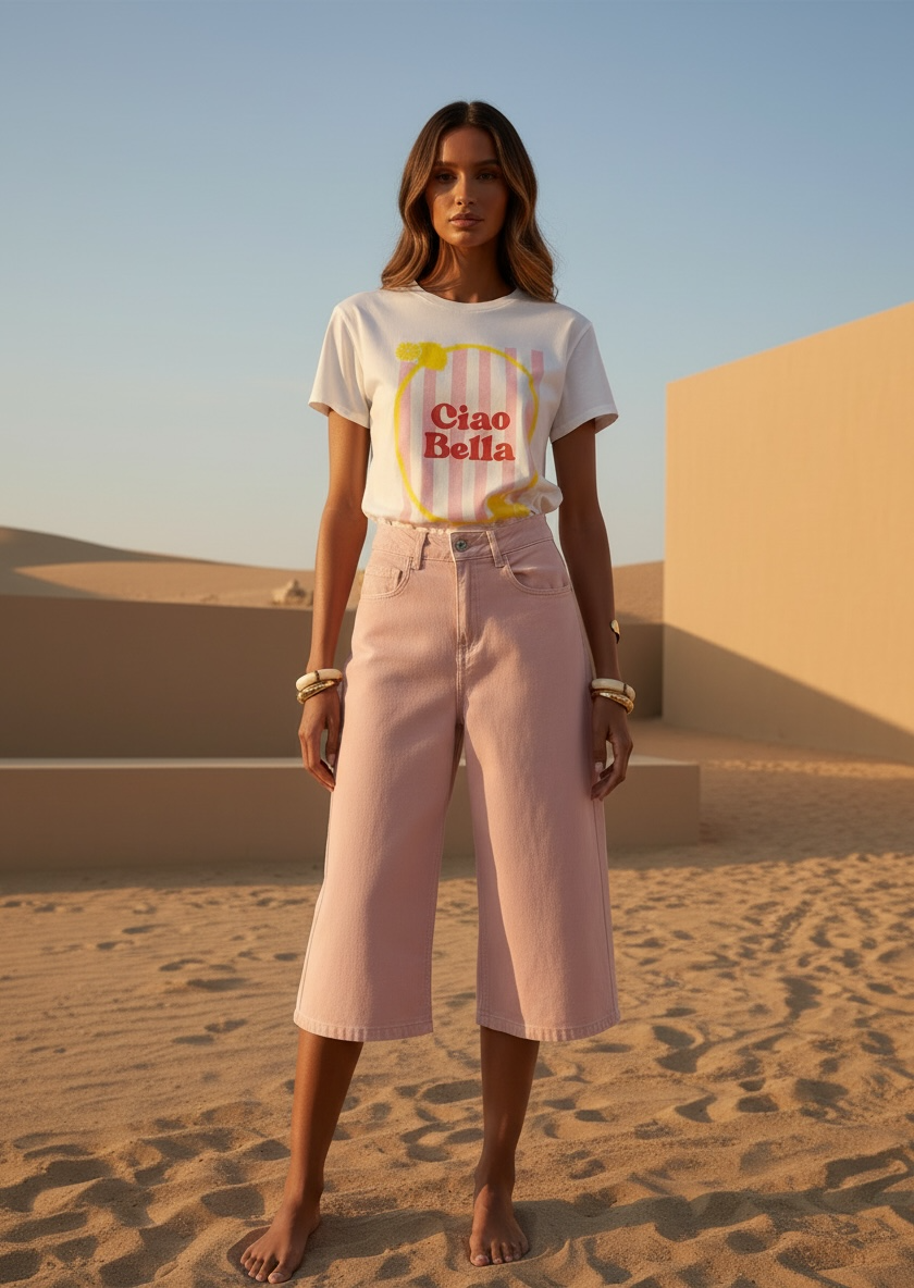 Bermuda baggy en jean stretch rose poudré