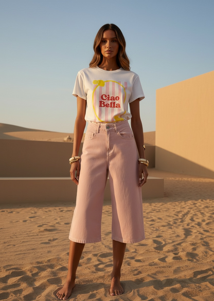 Bermuda baggy en jean stretch rose poudré