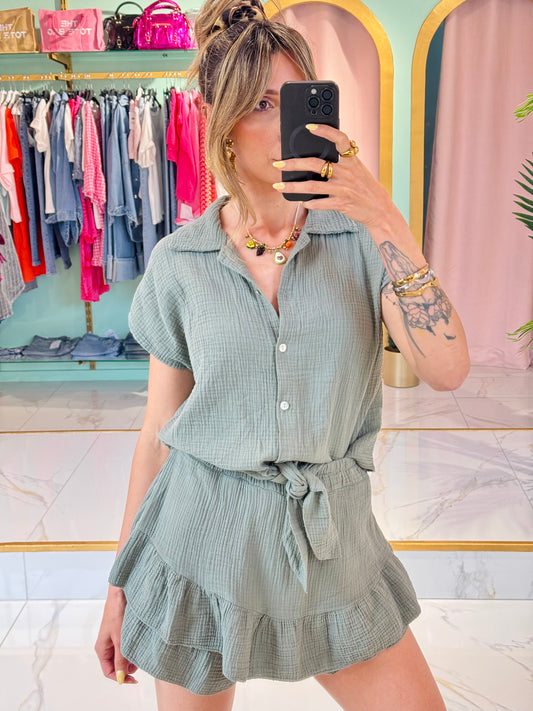 Chemise nouée en gaze de coton – kaki