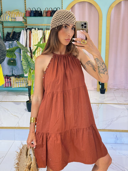 Robe en popeline de coton à encolure cloutée - terracota