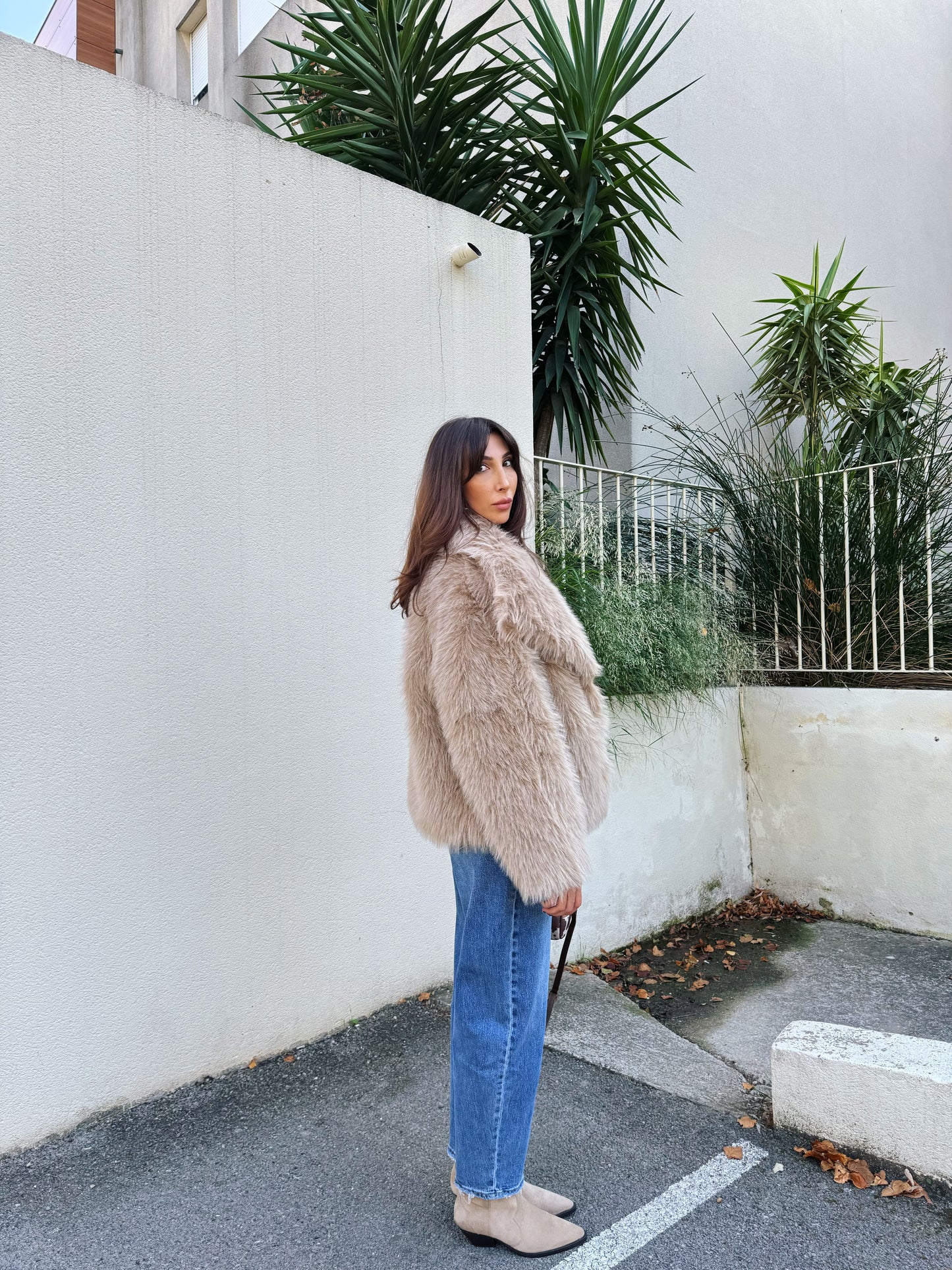 Manteau fausse fourrure beige