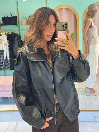 ✨ Veste Bomber en Simili Cuir Grainé à Col Montant Asymétrique – noir