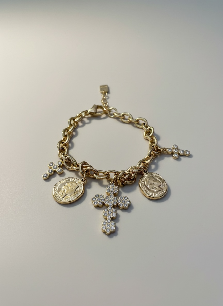 Bracelet chaine pièces & croix or