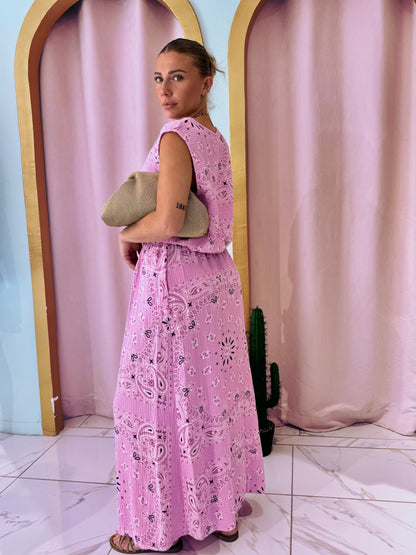 Ensemble top et jupe en gaz de coton à motif bandana- rose