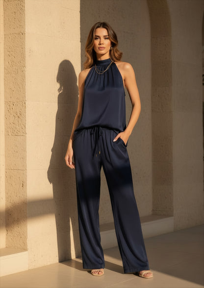 Top satiné noué - bleu marine