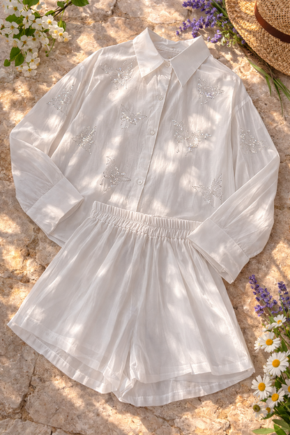 Ensemble Chemise & Short Organza – Papillons Strass-blanc