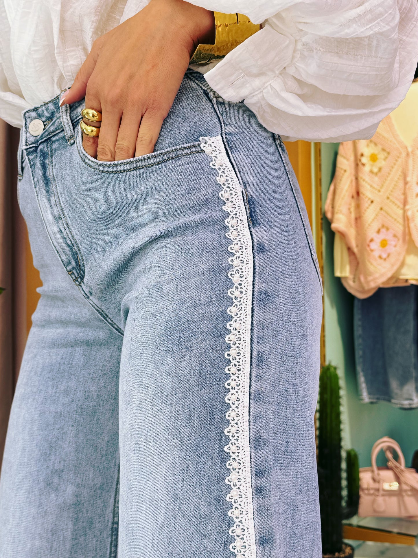 Jean wide leg perles & dentelle