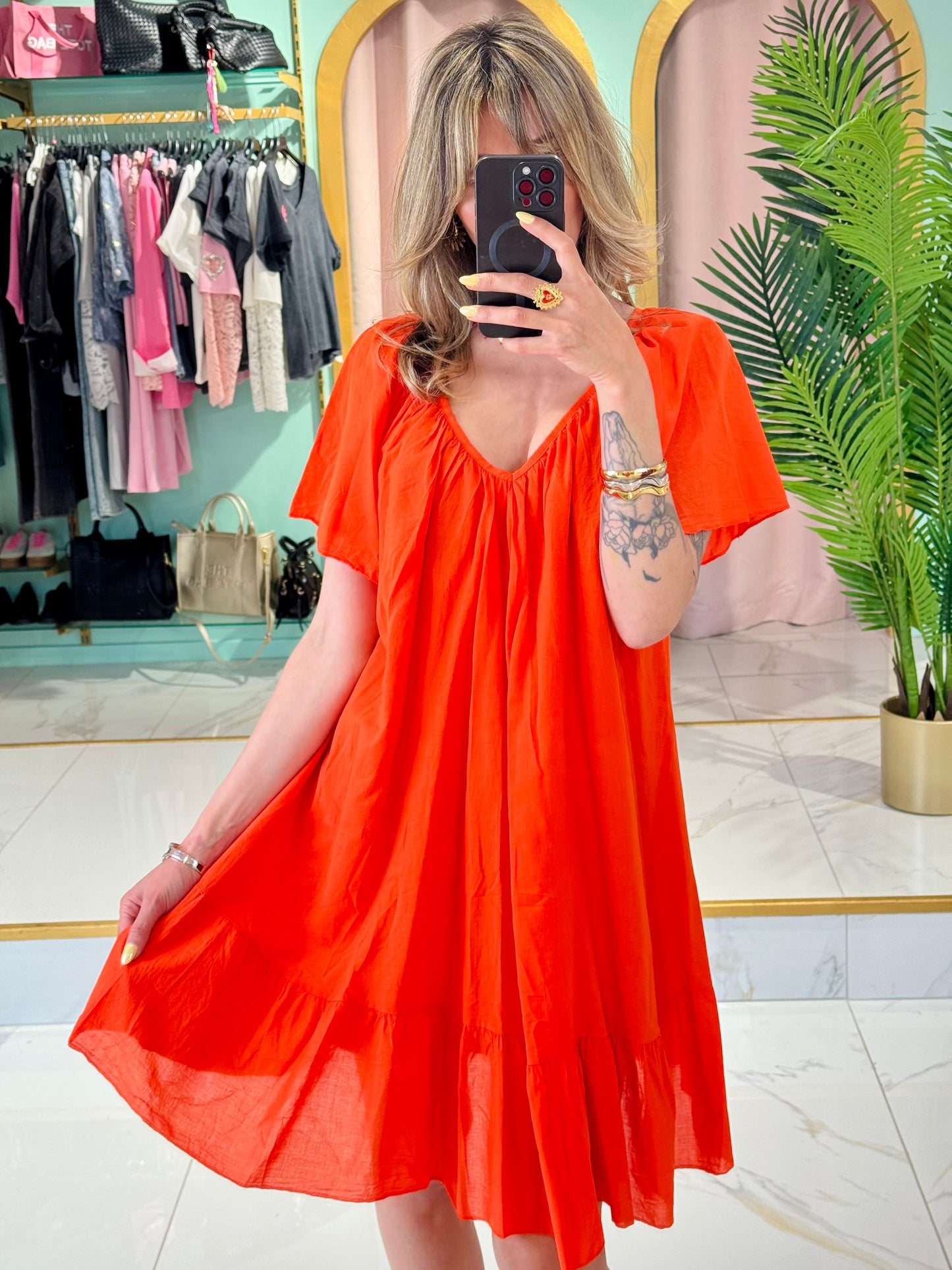Robe coton col V dos noué - Corail