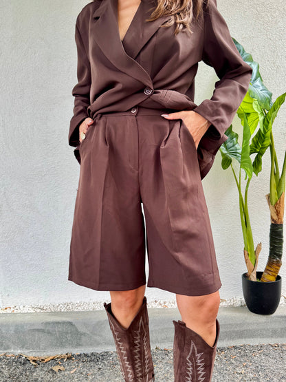 Bermuda tailleur loose – Taille élastique – Marron