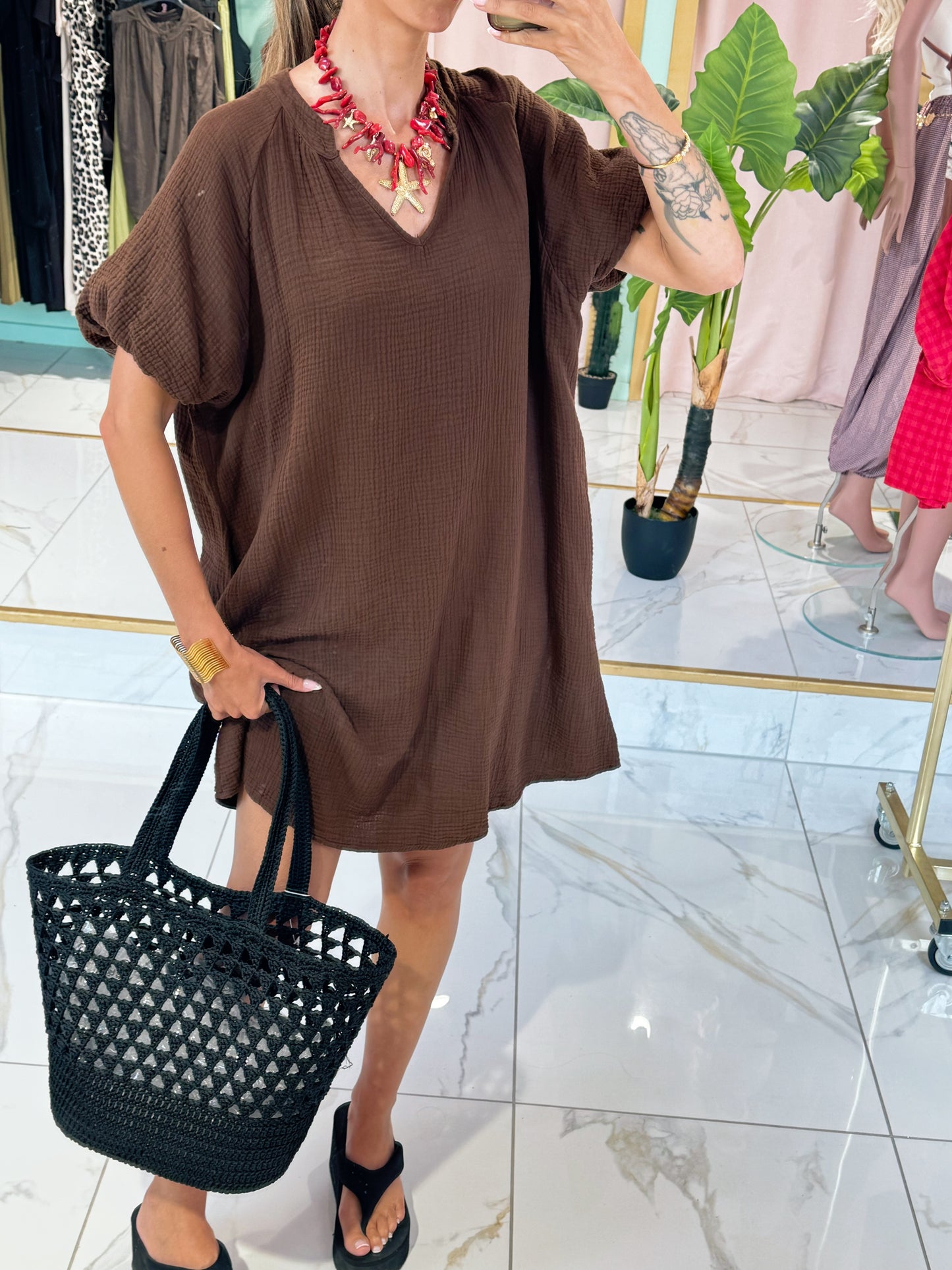 Robe en gaz de coton manches bouffantes - marron