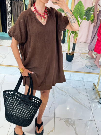 Robe en gaz de coton manches bouffantes - marron