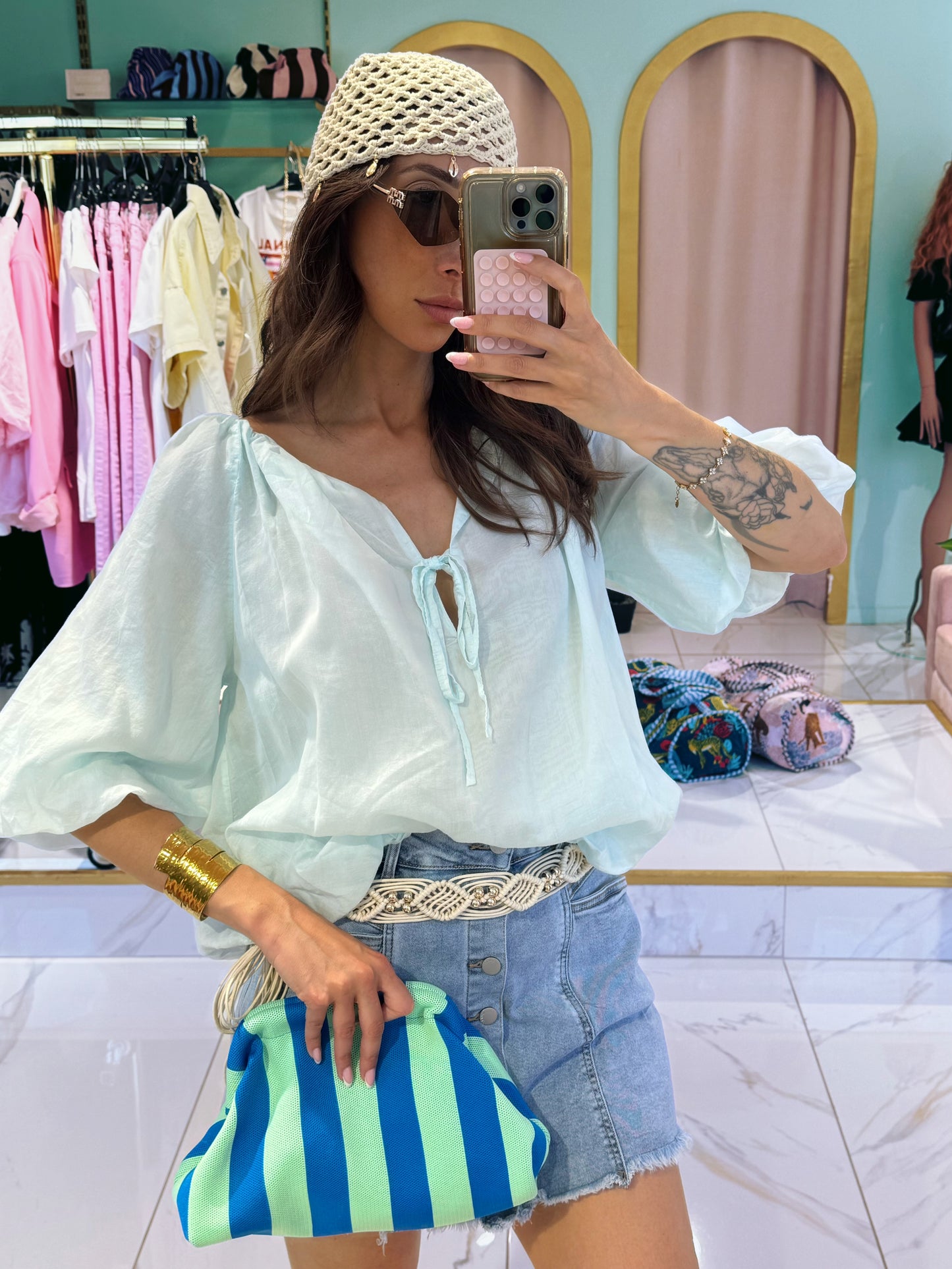 Blouse bouffante aérienne - turquoise