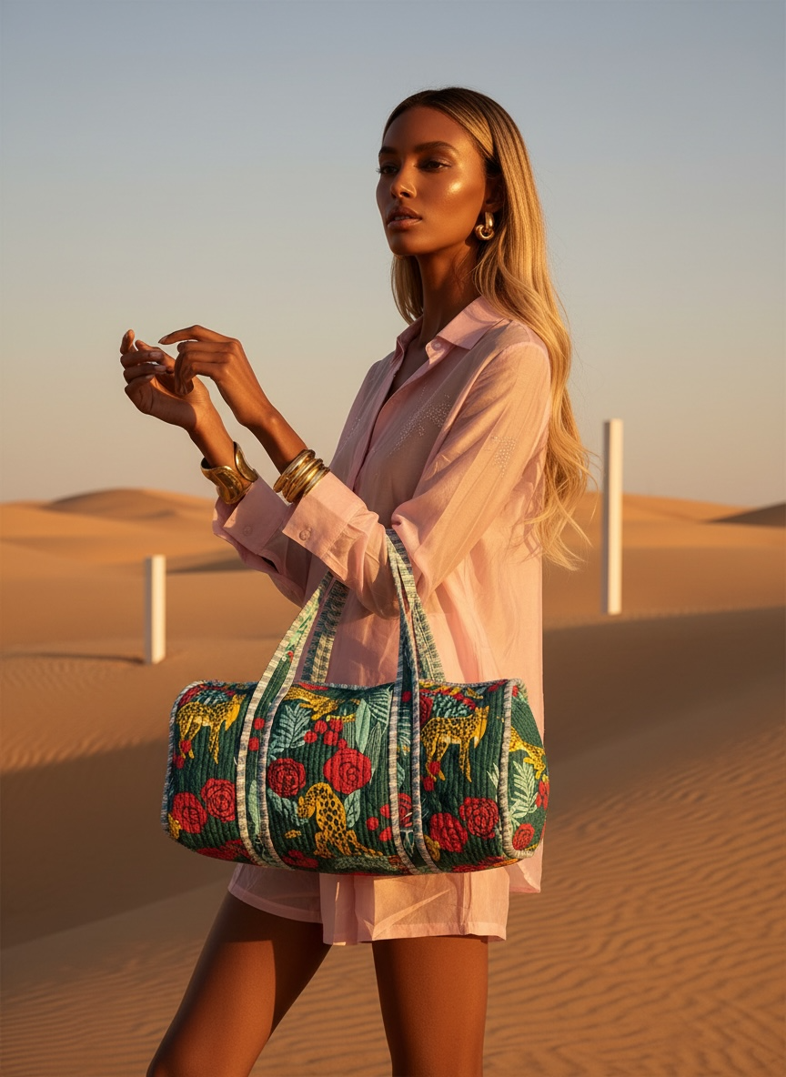 Sac week-end matelassé + pochette offerte - vert & tigre