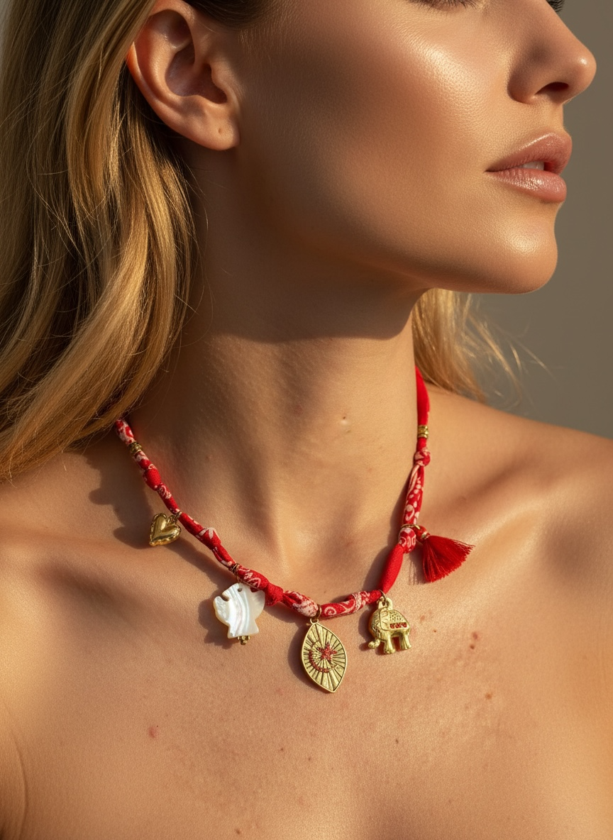 Collier cordon bandana & charms rouge