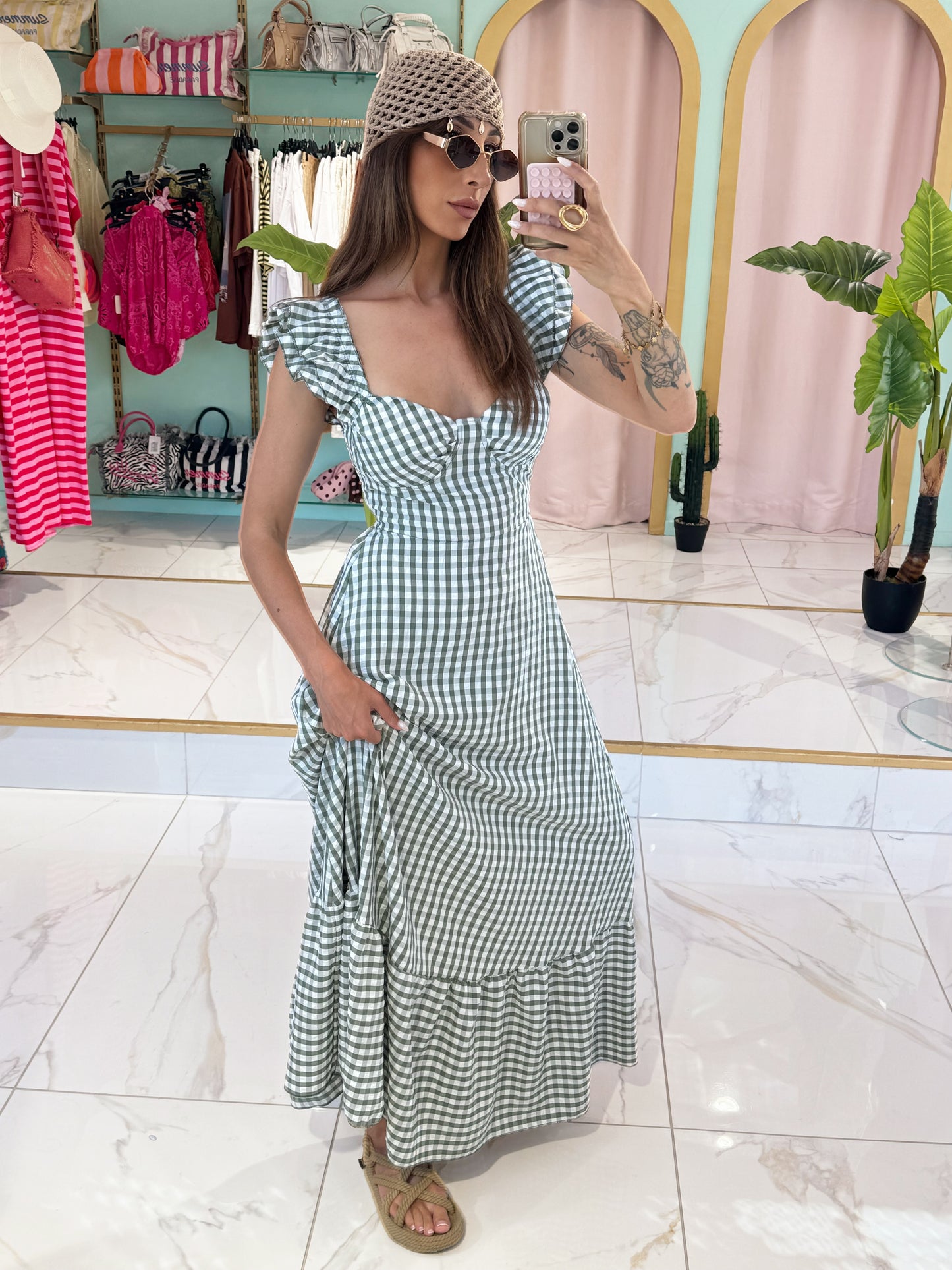 Robe longue vichy - kaki