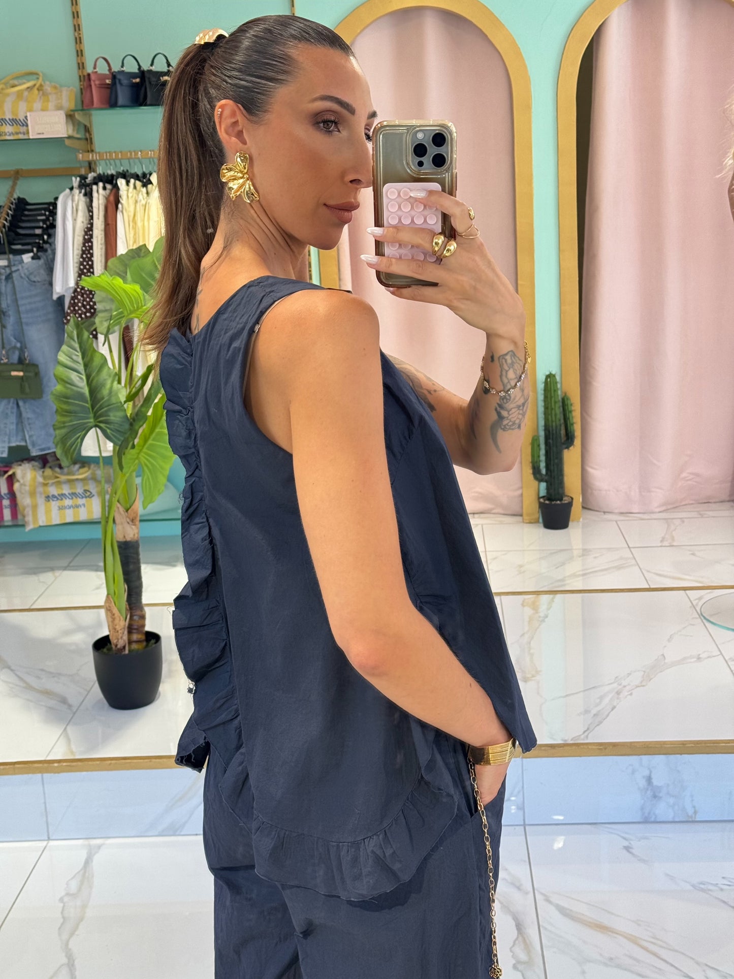 Top en coton loose ouvert dans le dos - bleu marine