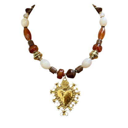Collier perle et cœur chocolat
