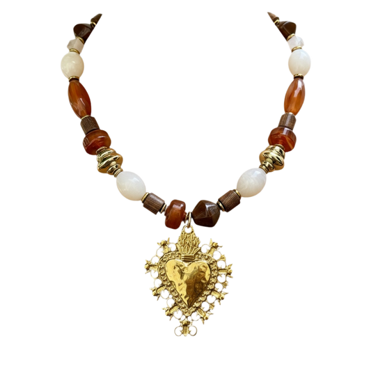 Collier perle et cœur chocolat
