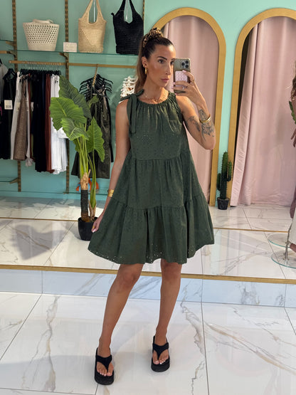Robe oversize broderie & noeud épaule - kaki