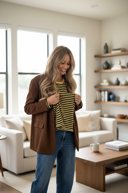 T-shirt manches longues à rayures coloris chocolat & jaune beurre