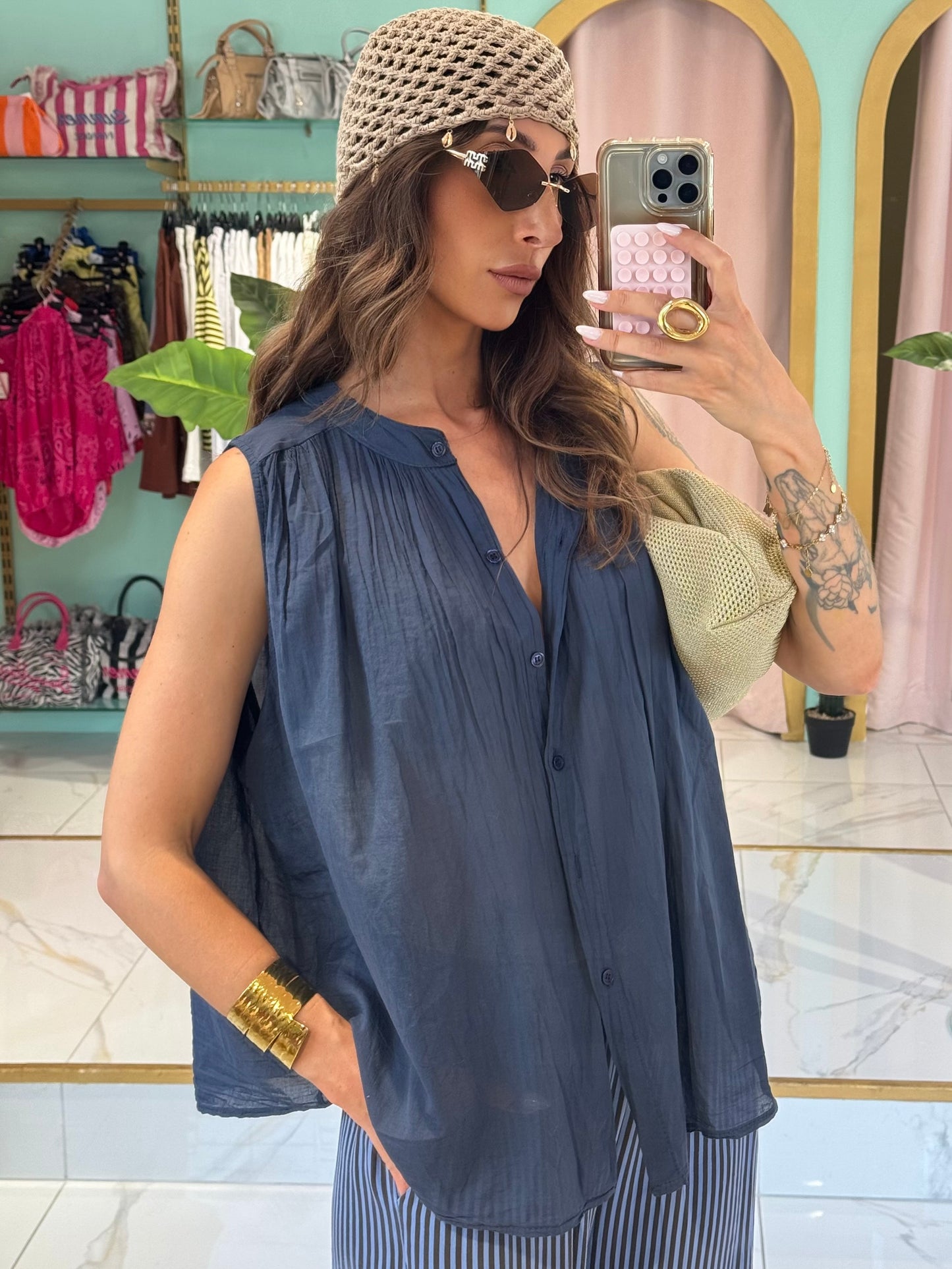Blouse légère sans manches- bleu marine