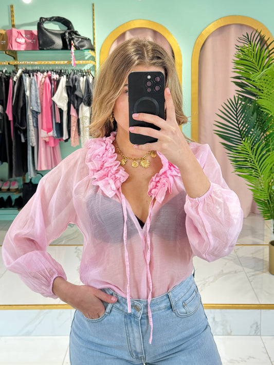 Blouse transparente col froncé – Rose