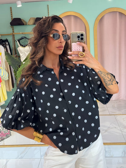 Chemise à pois avec manches bouffantes - noir
