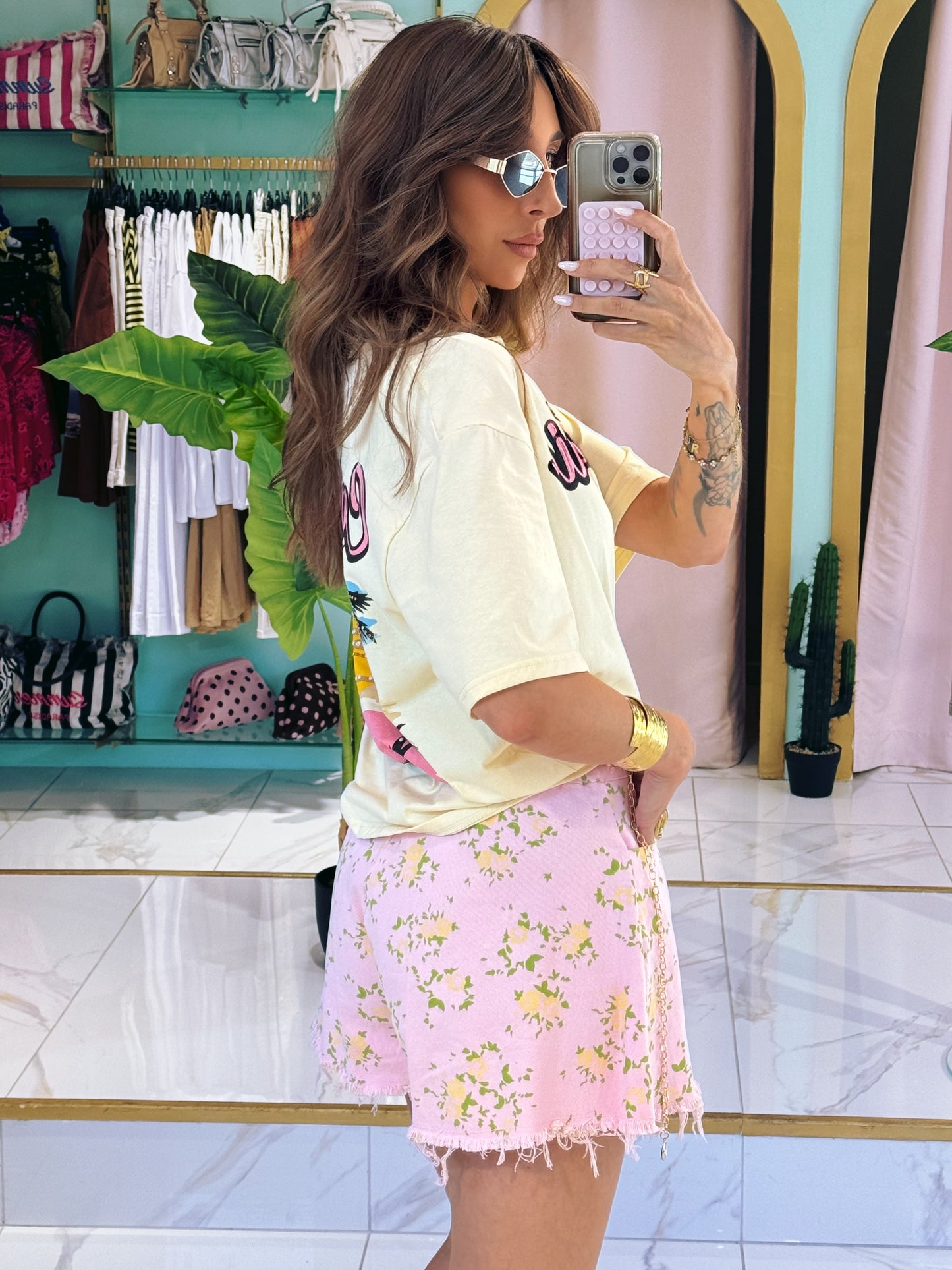 Short en jean maxi loose imprimé liberty - rose