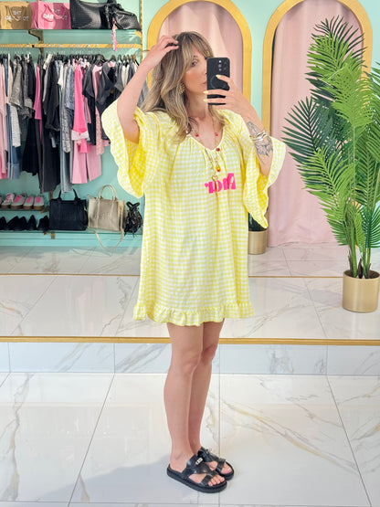 Robe trapèze à carreaux « Amour » – Jaune
