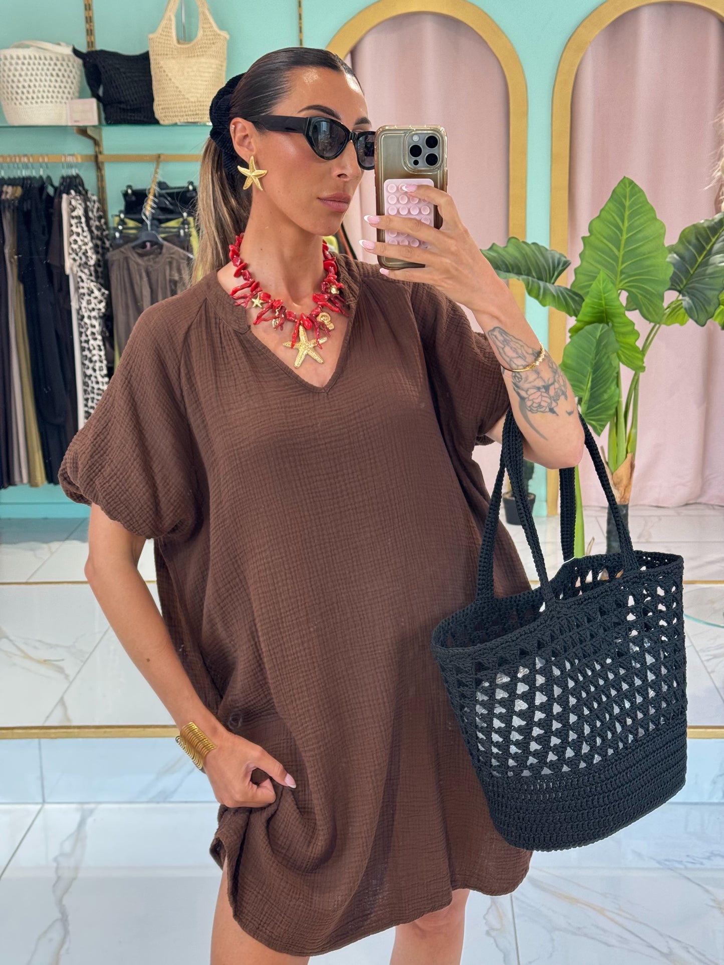 Robe en gaz de coton manches bouffantes - marron