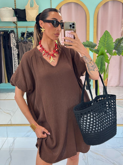 Robe en gaz de coton manches bouffantes - marron