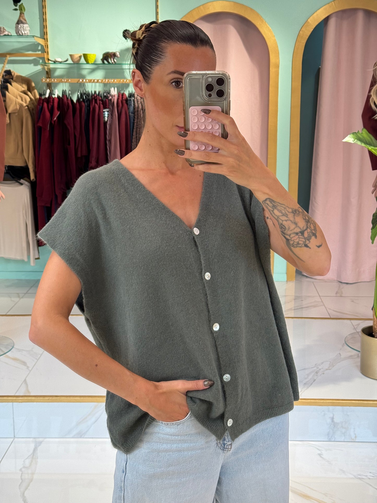 Gilet en maille sans manches – Loose & réversible kaki