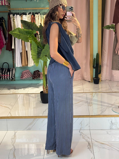 Pantalon fluide à fines rayures chocolat - bleu marine