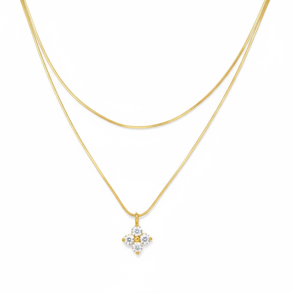 Collier fin double rang et fleur strass or