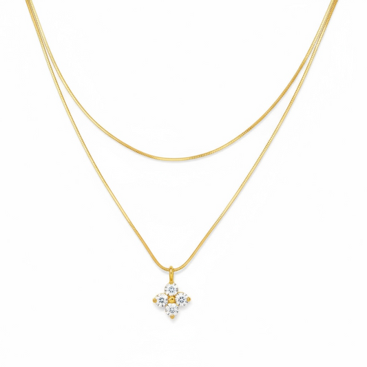 Collier fin double rang et fleur strass or