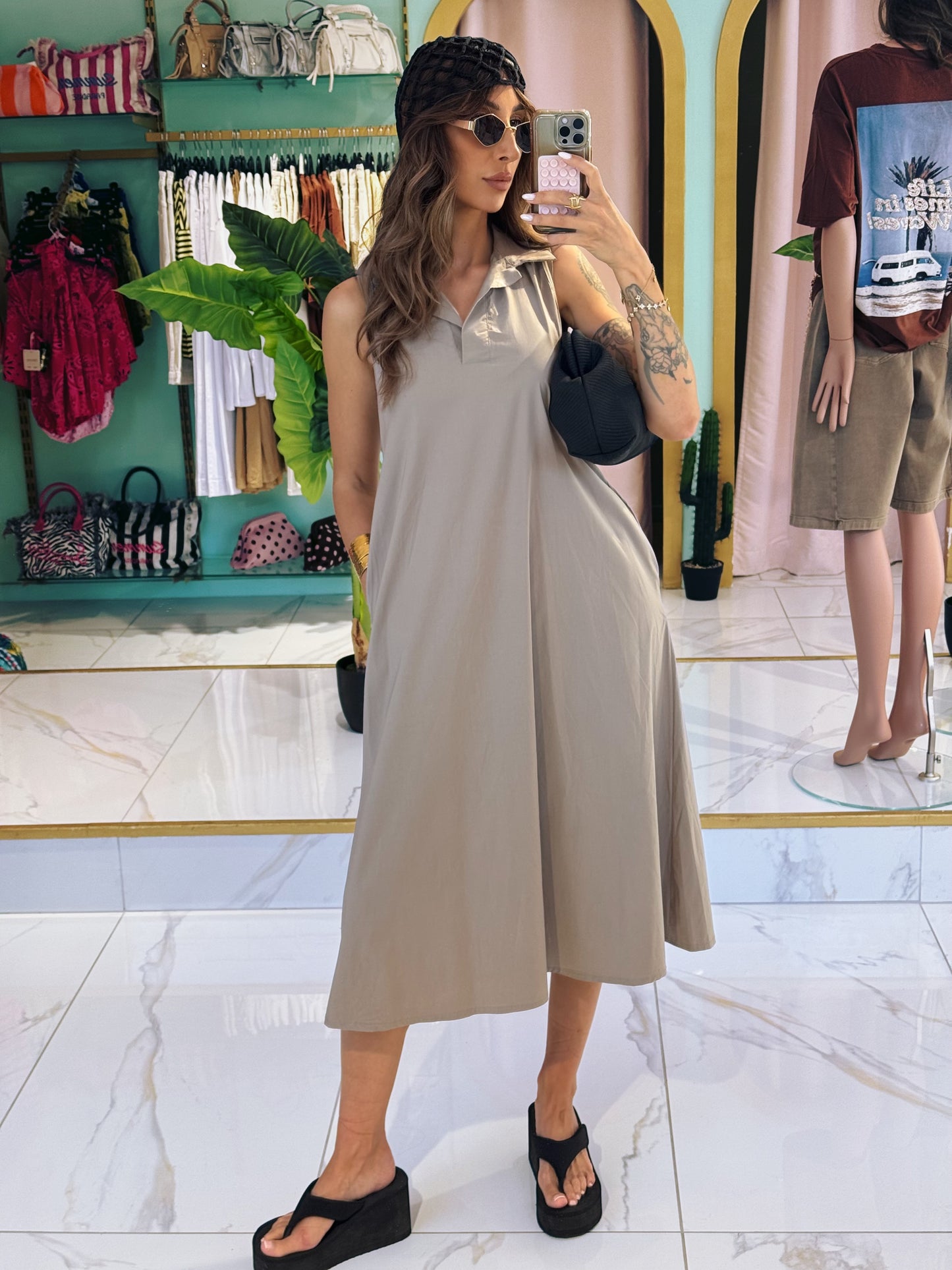 Robe midi col chemise - taupe