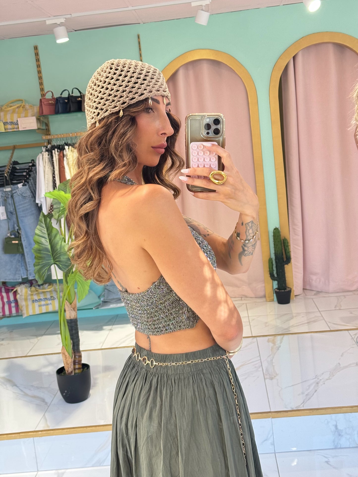 Crop top crochet en maille avec lurex - kaki