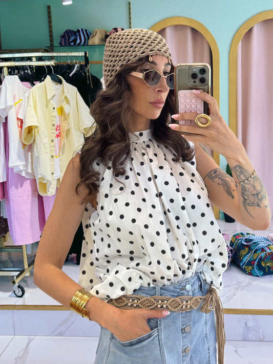 Top à pois ouvert dans le dos avec noeuds - blanc