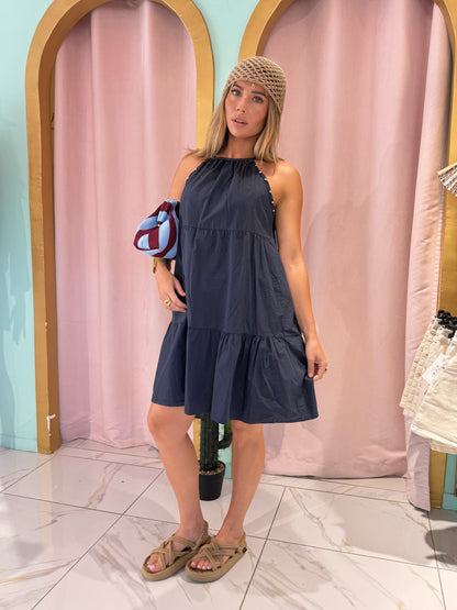 Robe en popeline de coton à encolure cloutée - bleu marine