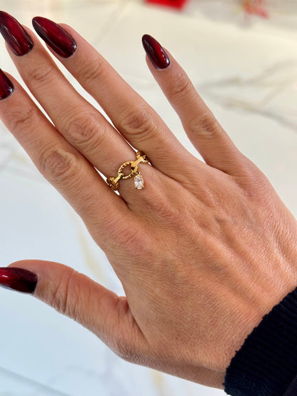 Bague chaîne en acier inoxydable avec pendentif zircon - or ou argent