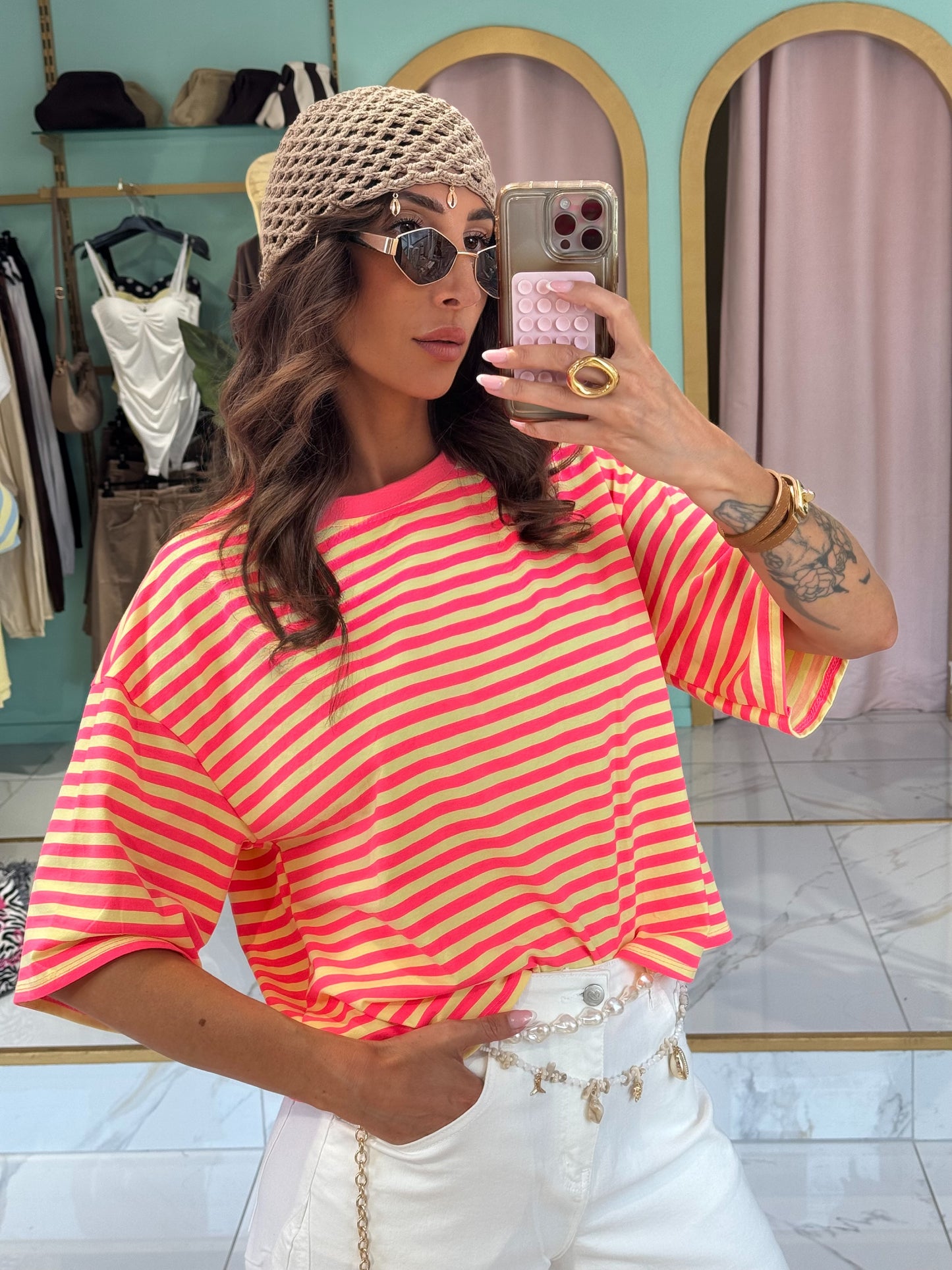 T-shirt marinière rose & jaune