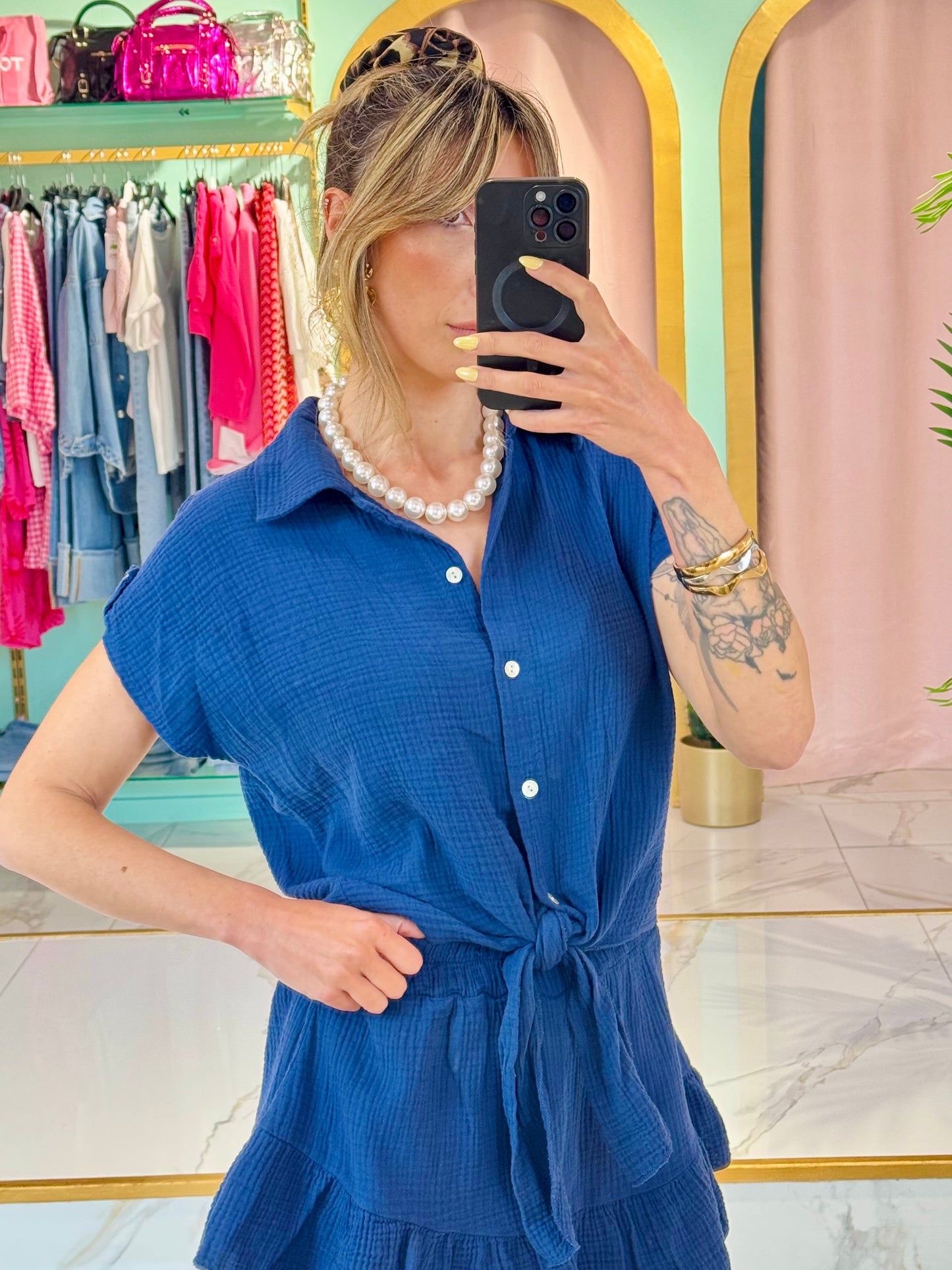 Chemise nouée en gaze de coton – bleu marine