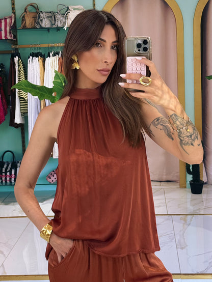 Top satiné noué - terracota